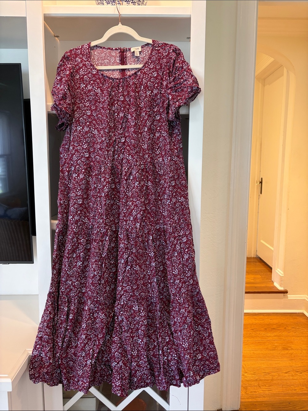 JCrew burgundy short sleeve floral broomstick maxi dress.